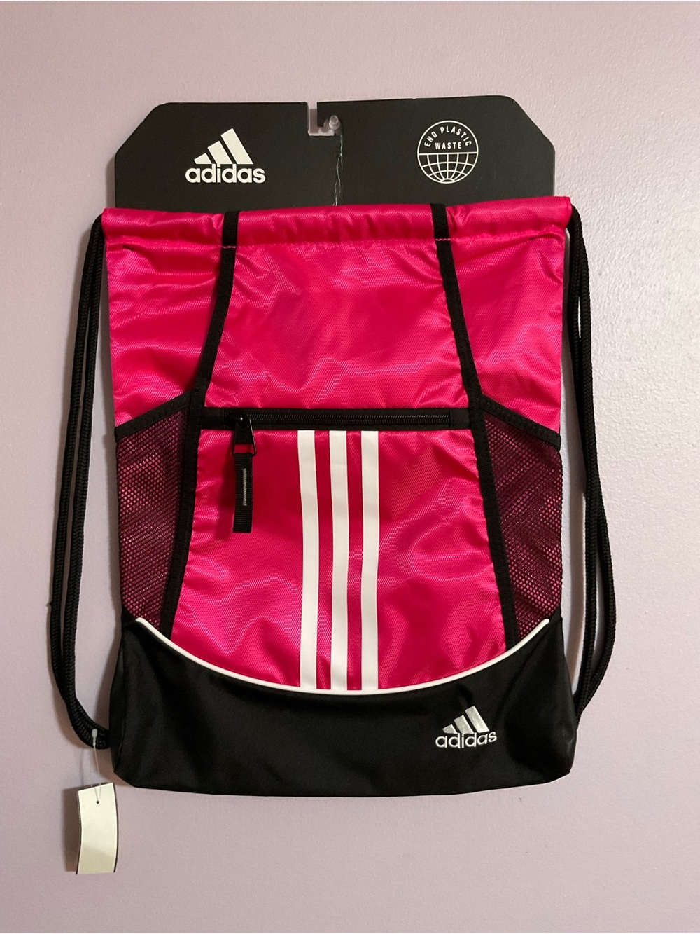adidas Pink and Black Drawstring Backpack with White Stripes